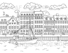 Load image into Gallery viewer, Nyhavn Canal of Copenhagen, Denmark Downloadable Colouring Page