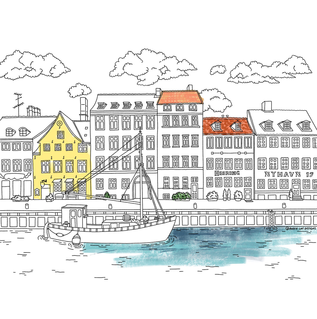 Nyhavn Canal of Copenhagen, Denmark Downloadable Colouring Page
